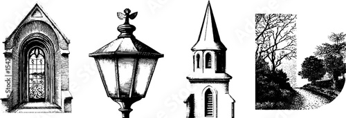 Gothic revival architecture elements and scenic landscape design for prints or posters