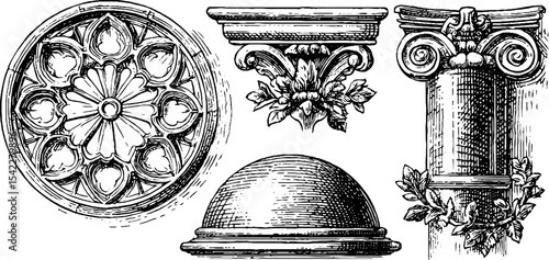 Gothic and renaissance architectural elements: rose window tracery and decorative columns