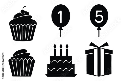 Black and White Birthday Icons Cupcakes Cake Balloons Gift
