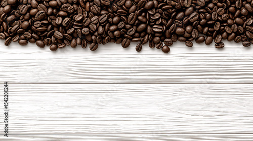 Coffee beans scattered on a rustic white wooden surface, creating a warm and inviting atmosphere, perfect for coffee lovers and culinary enthusiasts seeking inspiration