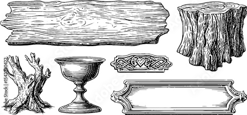 Vintage engravings of grooved shield planks and ornamental tree designs for creative projects