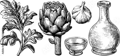 Grilled zucchini and marinated artichoke with herbs and garlic vintage design