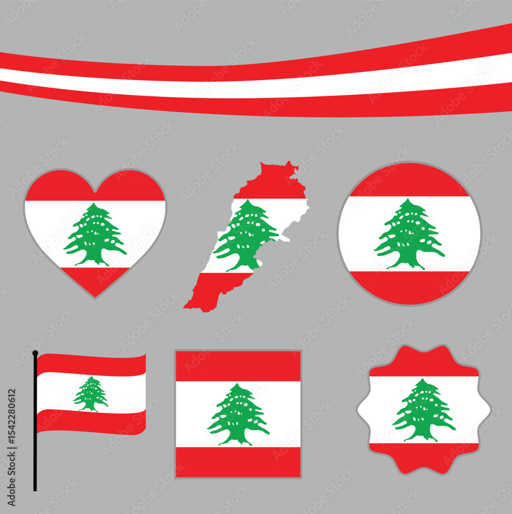 Print Lebanon map with national ribbon and 5 styles of flags – heart, circle, flat, wave, and badge – detailed vector design for educational, patriotic, and creative graphic projects Print Lebanon map with national ribbon and 5 styles of flags – heart, circle, flat, wave, and badge – detailed vector design for educational, patriotic, and creative graphic projects
