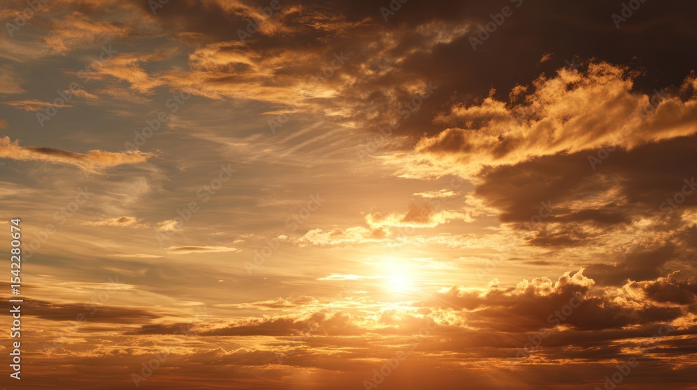 Fototapeta premium Golden Sunset Sky with Dramatic Clouds, Capturing the Beauty of Nature in a Tranquil Evening Scene, Perfect for Landscape Enthusiasts and Travel Content Creators