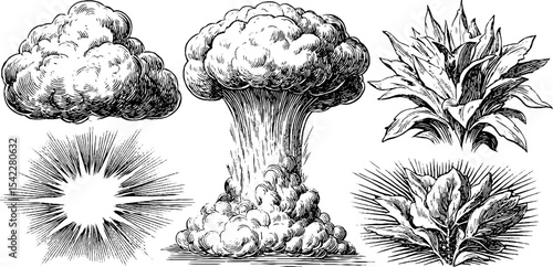 Retro halftone cloud and explosion effects with burst and energy lines for art design