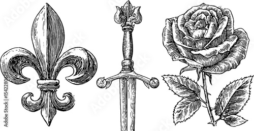 Heraldic symbols featuring fleur de lis, sword, and rose design for historical themes