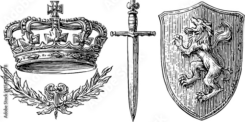 Heraldic cross emblem set with crown, sword, and lion shield for medieval design