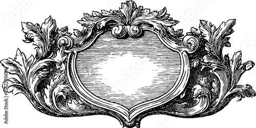 Ornate heraldic shield frame with twin rosette design for decorative use