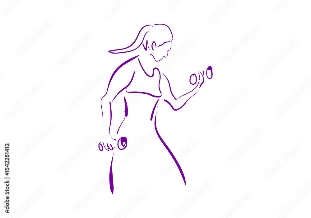 A minimalist purple line art illustration of a woman lifting dumbbells A minimalist purple line art illustration of a woman lifting dumbbells