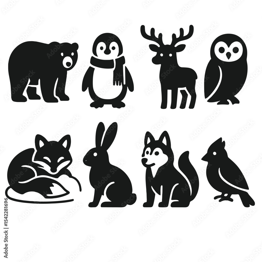 Fototapeta premium Winter Animal Icons. Solid style icons of winter animals: polar bear icon, penguin with scarf, reindeer with antlers, snow owl