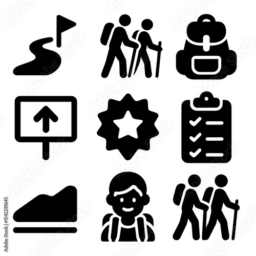 Beginner Hiking Icons. Solid style icons of beginner hiking support: easy trail icon, guided hike symbol, rental gear bag,
