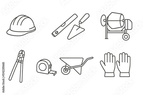 Construction Tool Icons. Line style icons of construction tools: hard hat, level, trowel, cement mixer. rebar cutter, measuring