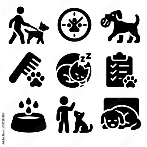 Pet Routine Icons. Solid style icons of daily pet routines: walk time icon, feeding clock, playtime icon, grooming reminder, pet