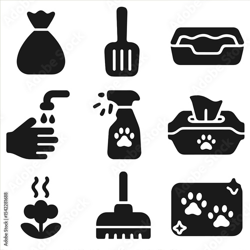 Pet Hygiene Icons. Solid style icons of pet hygiene and cleaning: poop bag icon, litter scoop, litter box icon, paw washing