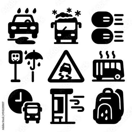 Weather Transport Icons. Solid style icons of weather-related transportation: rainy pickup icon, snow-covered bus, fog hazard
