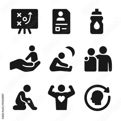 Post-Game Coaching Icons. Solid vector icons of post-game coaching: review board, reflection sheet icon, hydration icon, coach