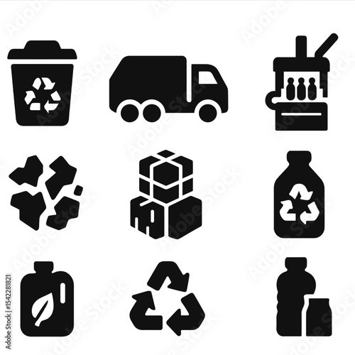 Recycling Process Icons. Solid vector icons of recycling process stages: collection bin, transport vehicle, sorting belt, baling