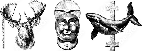 Intricate set of inuit carvings and masks featuring animal designs