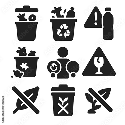 Waste Management Icons. Solid style icons of challenges and contamination: mixed waste bin, trash in recycle bin, contamination