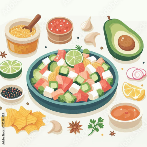 Vivid illustration of ceviche bowl surrounded by garnishes avocado lime chips  sauces on a clean background