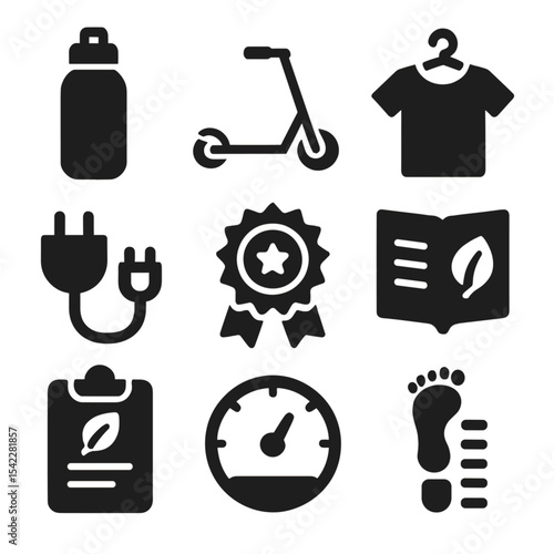 Low Carbon Lifestyle Icons. Solid style icons of low carbon lifestyle: reusable bottle, electric scooter, second-hand clothing