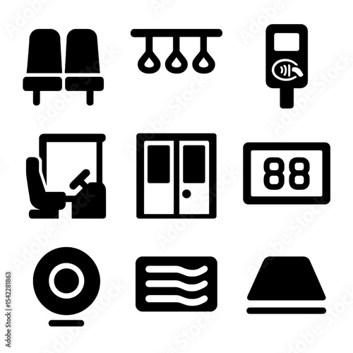 Bus Interior Icons. Solid style icons of bus interior elements: bus seats, handrails, ticket validator, driver cabin, rear exit