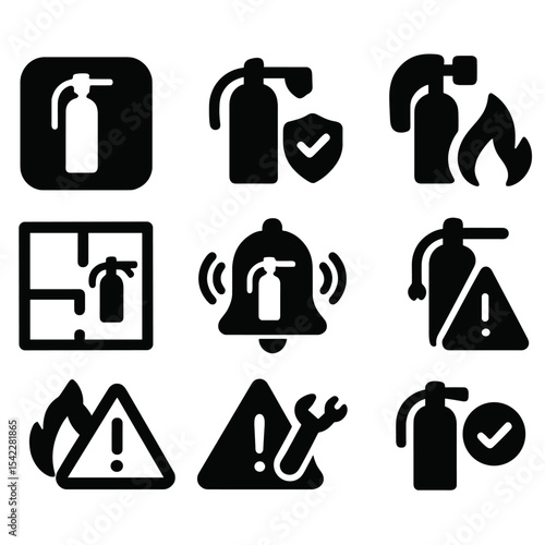 Extinguisher Icons Set. Solid style icons of extinguisher icons for digital UI: extinguisher button, safety dashboard icon,