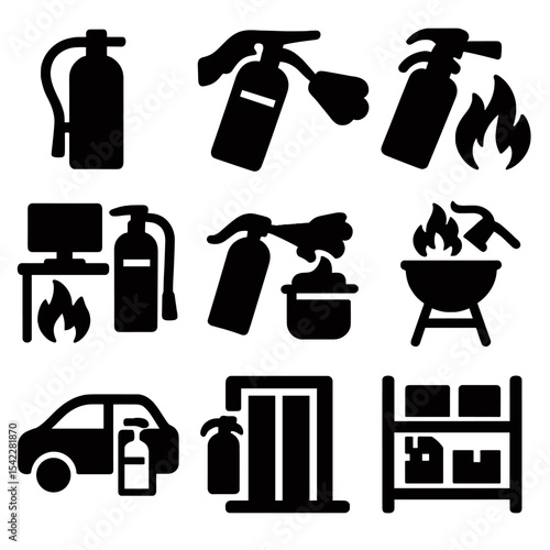 Fire Extinguisher Icons. Solid style icons of portable fire extinguishers in action: mounted extinguisher, extinguisher being used