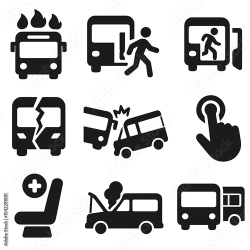 Emergency Bus Symbols. Solid style icons of emergency bus situations: fire in bus icon, evacuation route, emergency exit sign,