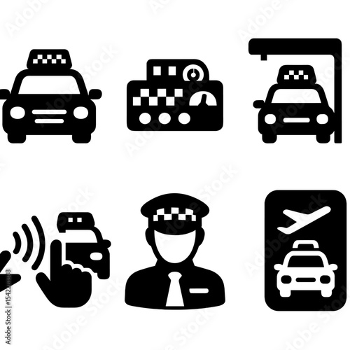 Taxi Service Icons. Solid style icons of taxi services: standard cab, taxi meter, taxi stand, e-hailing app icon, contactless fare