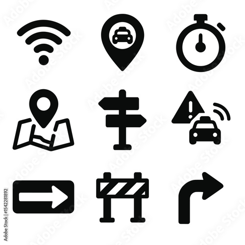 Taxi Navigation Icons. Solid style icons of taxi navigation and location: GPS signal, map pin with car, arrival countdown, route