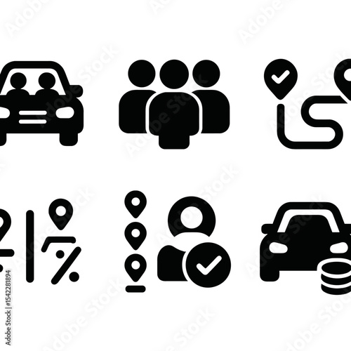 Shared Taxi Icons. Solid style icons of shared taxi services: carpooling icon, multiple passengers, ride match icon, shared route