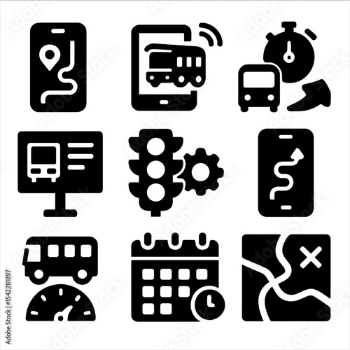 Smart Urban Transport Icons. Solid style icons of smart urban transport: app navigation, live bus tracking, ETA alert, digital