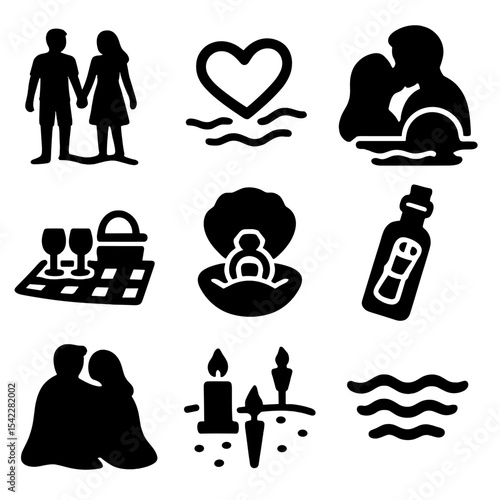 Romantic Beach Icons. Solid style icons of romantic beach moments: couple hand in hand, hearts in sand, sunset kiss, picnic for