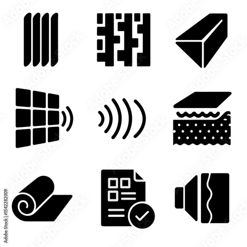 Acoustic Treatment Icons. Solid style icons of acoustic treatment: foam panel icon, diffuser icon, bass trap, treated wall icon,