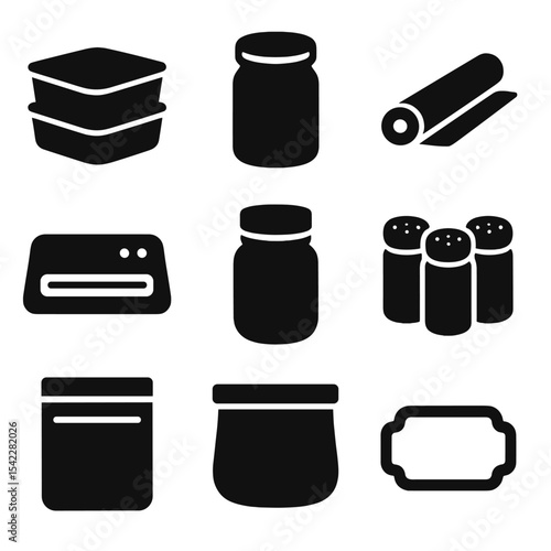 Food Storage Icons. Solid vector icons of food storage tools: food containers, glass jars, cling film roll, vacuum sealer, mason