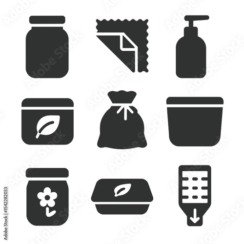 Zero-Waste Container Icons. Solid style icons of zero-waste containers: reusable jar, beeswax wrap, refillable bottle, metal tin
