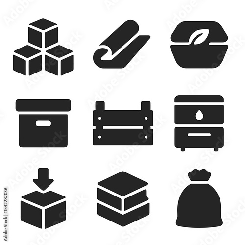 Packaging Storage Icons. Solid style icons of packaging storage: stackable boxes, folded wrap icon, flat-pack eco container, label