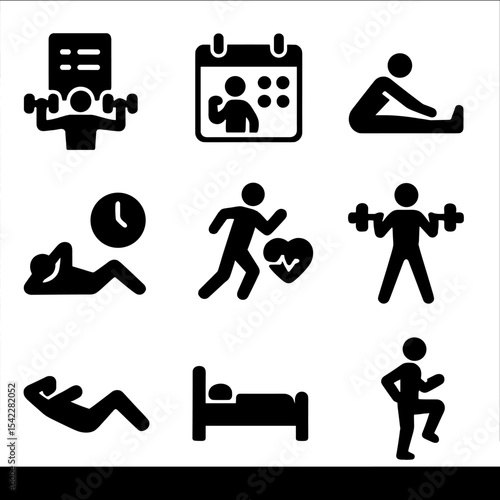Fitness Routine Icons. Solid style icons of fitness routines: full body workout plan, split training schedule, stretching routine,