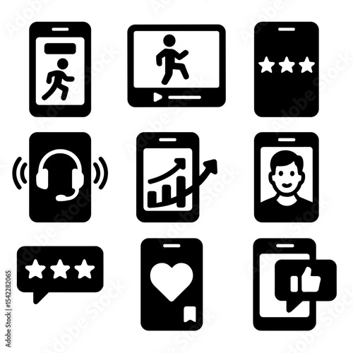App Workout Icons. Solid style icons of app-based workouts: mobile workout screen, follow-along video, app rating stars, guided