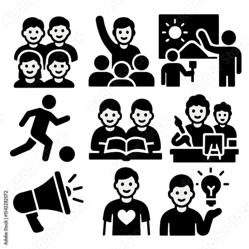 Youth Engagement Icons. Solid style icons of youth engagement: teen circle group, youth leader icon, community mural, afterschool