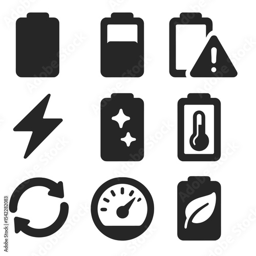 Battery Icons Collection. Solid style icons of battery and power indicators: battery full, half charge icon, low battery alert,