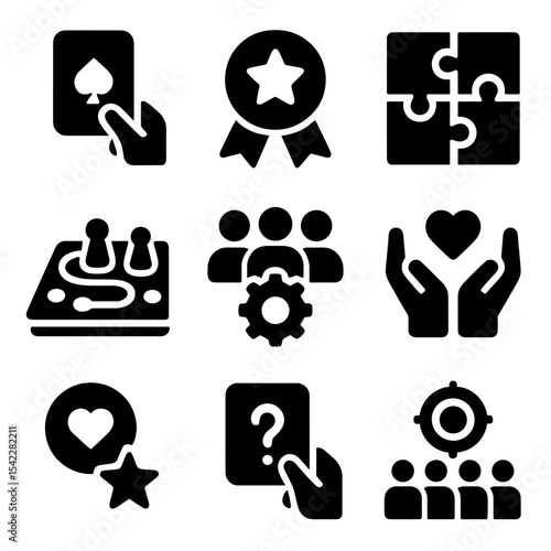 Social Learning Icons. Solid style icons of social learning games: turn-taking card, peer praise badge, teamwork puzzle,