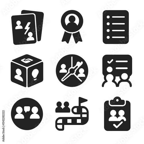 Peer Mediation Icons. Solid style icons of peer mediation tools: conflict role-play cards, peer helper badge, step-by-step talk