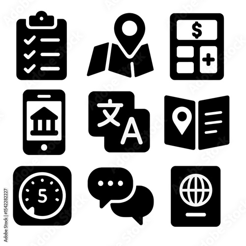 Digital Travel Icons. Solid style icons of digital travel apps: itinerary planner, map with pin, travel budget tracker, hotel