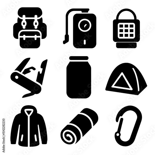 Backpacker Gear Icons. Solid style icons of backpacker gear: trekking backpack, hydration bladder, solar light, multi-tool knife,