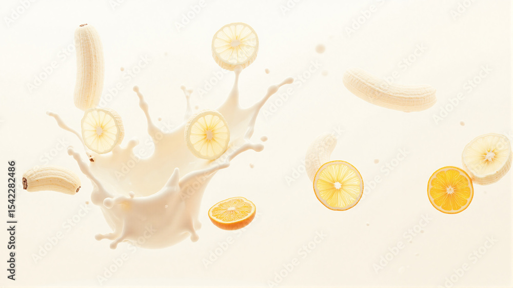Fototapeta Milk splashes around floating banana slices, creating a dynamic and refreshing composition. The smooth texture of the liquid contrasts with the bright, ripe fruit, enhancing visual appeal.