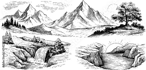 Serene mountain landscapes with sunset and waterfall scenes for nature-themed designs