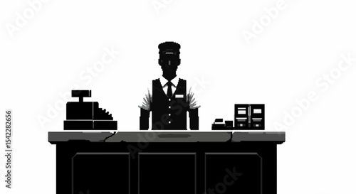 Shopkeeperr standing behind a counter, depicted as a dark silhouette against a white background.