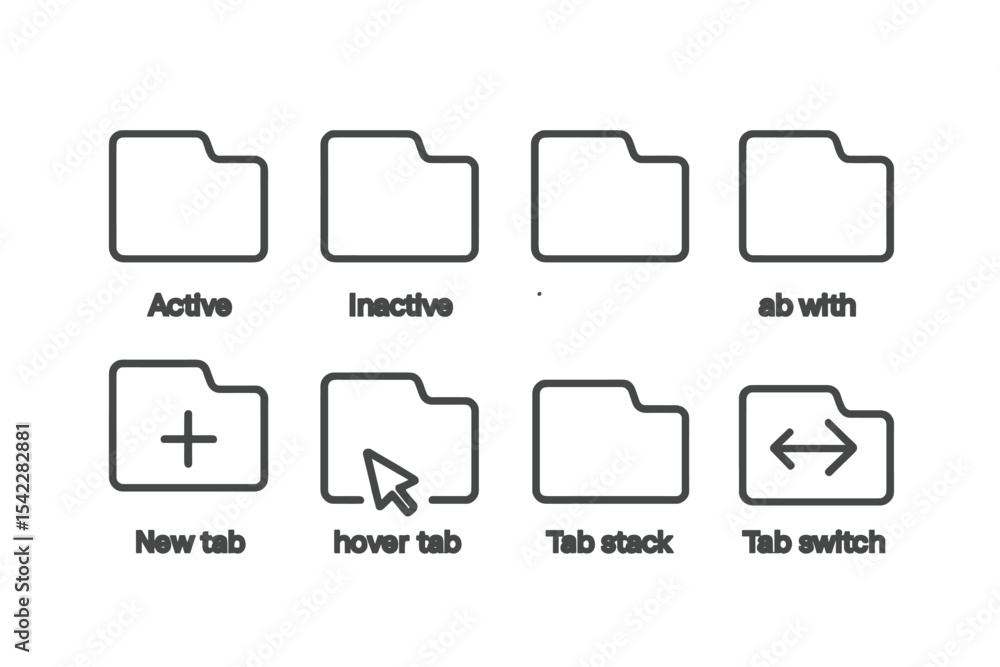 Interactive Tabs Icons. Line style icons of interactive tabs: active tab, inactive tab, tab with close icon, tab with badge, new Interactive Tabs Icons. Line style icons of interactive tabs: active tab, inactive tab, tab with close icon, tab with badge, new